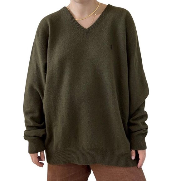 Vintage 1990s Polo Ralph Lauren Olive Green 100% Lambs Wool V Neck Sweater 4XL - Picture 4 of 8